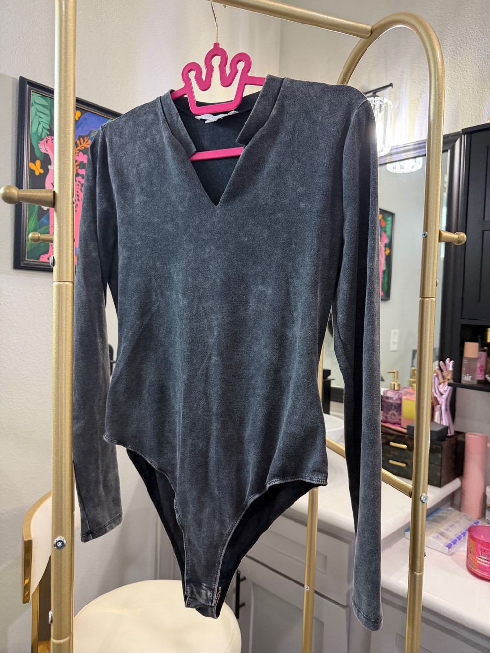 Washed Black V-Neck Long Sleeve Bodysuit